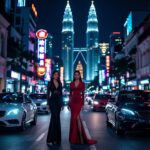 KL Escort Girl Elegant women in gowns on a Kuala Lumpur street with Petronas Towers in background. Malaysia Sex Service