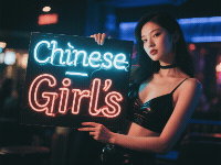 Asian woman holding a neon sign reading "Chinese Girl's" in a bar setting.