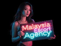 Woman holding a neon sign that reads "Malaysia Escort Agency" against a black background.