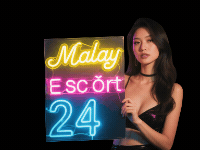 Woman holding "Malay Escort 24" neon sign. Black top and choker, dark background.