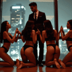 KL Escort Girl Man in suit with women in lingerie posing in front of city skyline at night Malaysia Sex Service