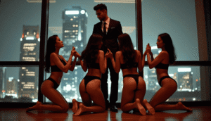 KL Escort Girl Man in suit with women in lingerie posing in front of city skyline at night Malaysia Sex Service
