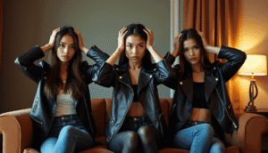 KL Escort Girl Three young women in black leather jackets and jeans sit on a couch with hands on their heads. Malaysia Sex Service