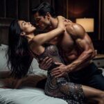 KL Escort Girl Couple embracing passionately on a luxurious bed in a dimly lit room. Malaysia Sex Service