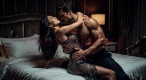 KL Escort Girl Couple embracing passionately on a luxurious bed in a dimly lit room. Malaysia Sex Service